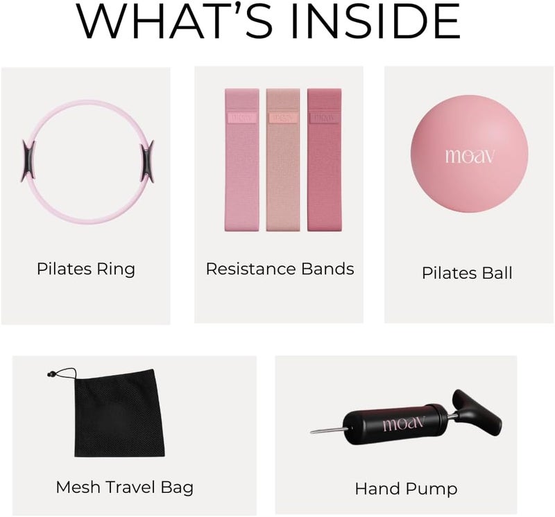 MOAV Store Premium Pilates Essentials Kit - 14" Ring with Cushioned Handles, Mini Ball with Pump, & 3 Durable Fabric Resistance Bands for Full Body Home Workouts - Image 2